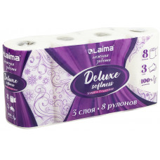 Бумага туалетная 3-х слойная, 8 рулонов (8х16,5 м), LAIMA Deluxe, 100% целлюлоза, 115396